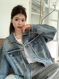 Oklulu Vintage Denim Jacket Women Autumn Washed Jean Coats Lady Korean Fashion Single Breasted Outerwear Casual Loose Jacket Streetwear