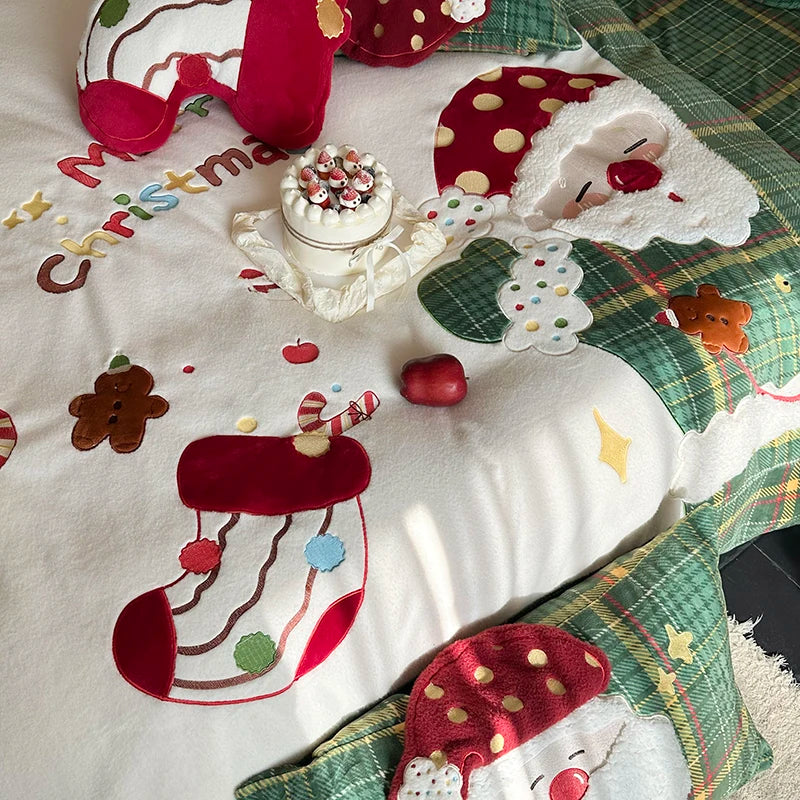 OKLULU  -  3/4Pcs Cute Santa Claus Embroidery Winter Warm Milk Velvet Bedding Set Single Duvet Cover Bed Sheet Pillowcases Christmas Gifts