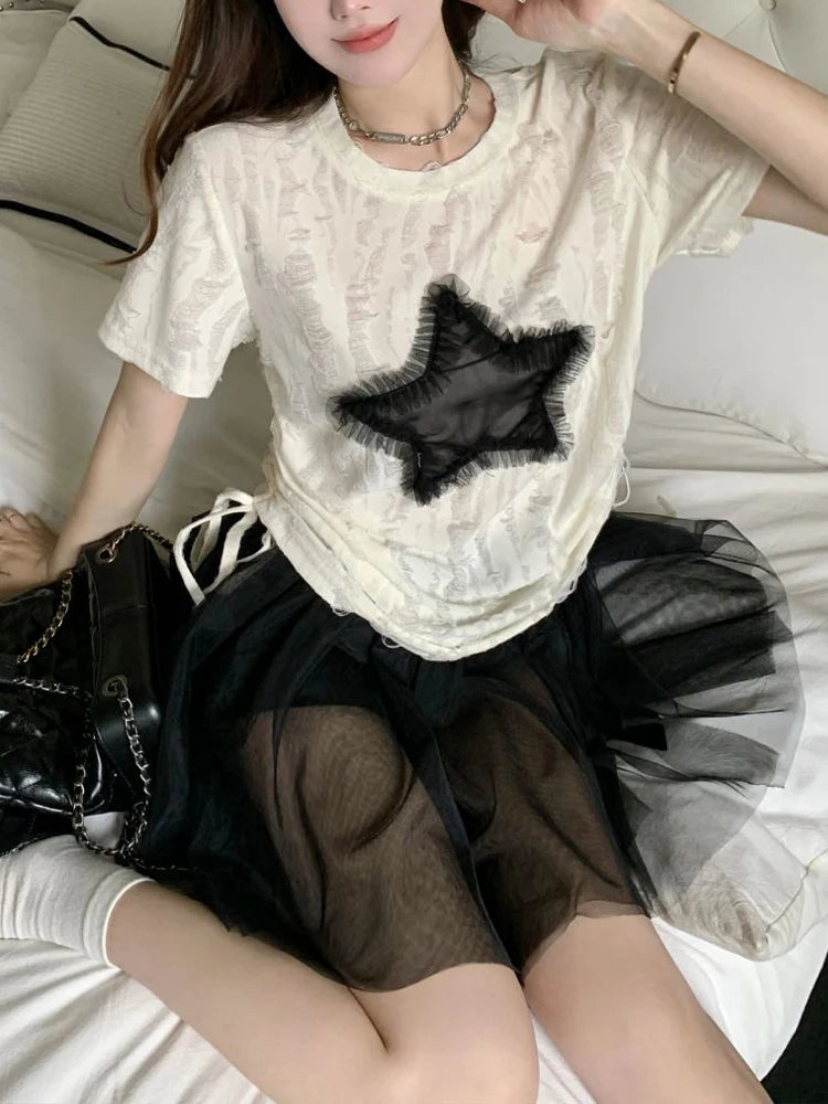 Oklulu Y2K T Shirts Women Summer Short Sleeve Top Female Harajuku Fashion Star Print Tee Ladies Vintage Hotsweet Drawstring Camisetas