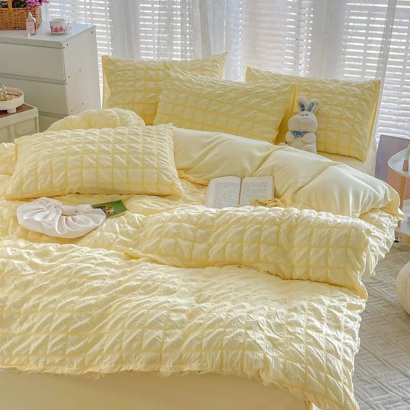 Oklulu Check Bubble Fabric Bed Set Pucker Duvet Cover Pillowcase Bedding Set Bed Sheet Quilt Cover Single Queen King Size 4 Pieces Sets