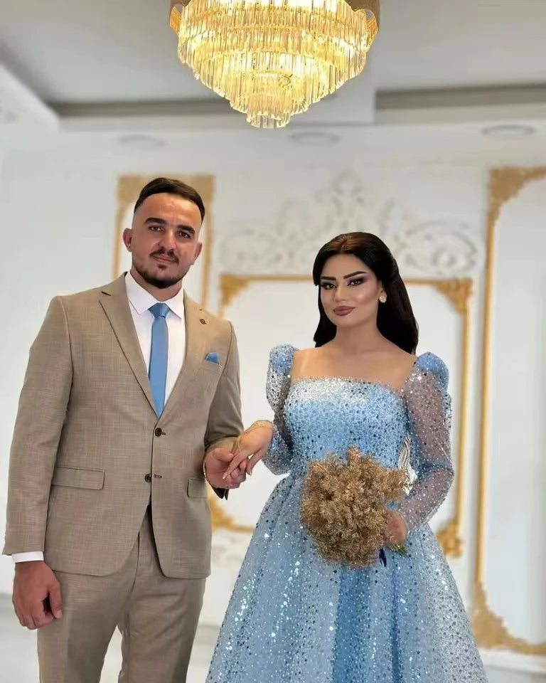 Oklulu  Shiny Glitter Sequin Blue Prom Party Dresses Long Sleeves Tea Length Dubai Arabic Women Formal Occasion Gowns