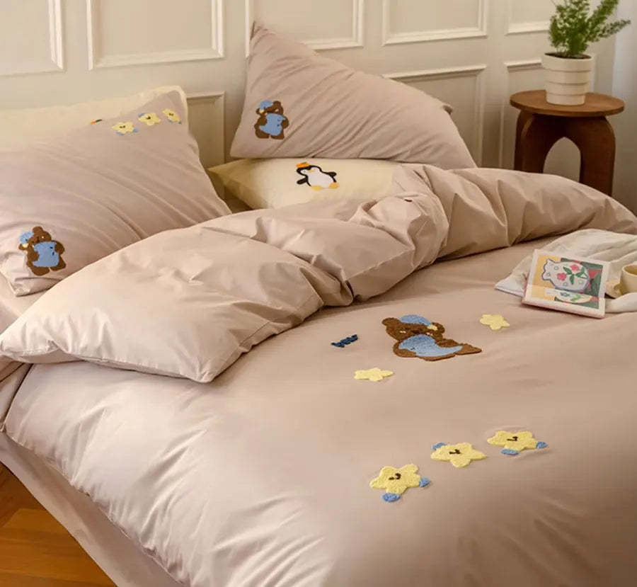 OKLULU  -   Cute Cartoon Bear Bedding Set 1.2 1.5 1.8 2.0 Kid,twin Full Queen King Cotton Home Textile Bed Sheet Pillow Case Quilt Cover