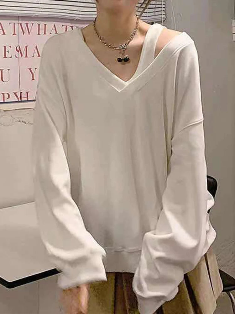 Oklulu Oversized T-Shirts Women Off Shoulder Sexy Top Female Korean Style V Neck Long Sleeve T Shirt Lady Autumn Casual Tees Streetwear