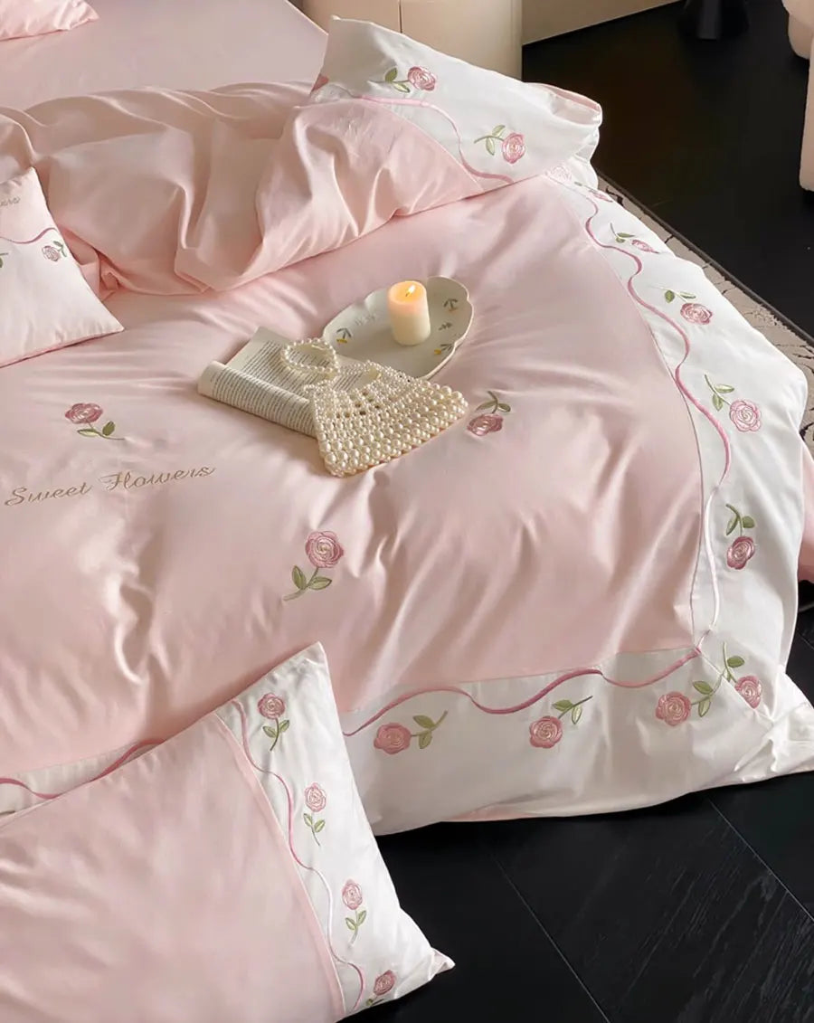 OKLULU  -  Romantic pink embroidery rose bed set single double,twin full queen king cotton home textile bed sheet pillow case quilt cover