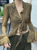 Oklulu Y2K Blouses for Women Summer Long Sleeve Shirt Ladies Korean Style V-Neck Mesh Top Hot Girl  Crop Top Streetwear