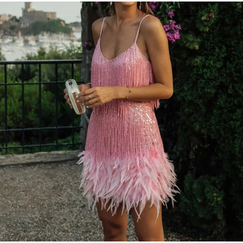 New Sexy Tassel Sequins Feather Mini Dress Women Spaghetti Strap Stitching Dresses Female Elegant Evening Party Club Dress