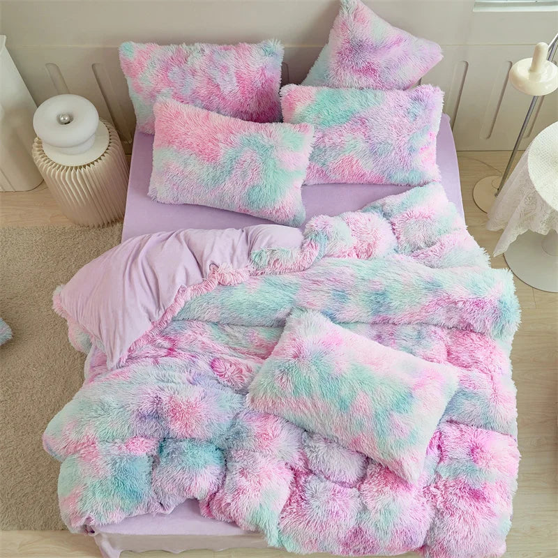 Shaggy Coral Fleece Cozy Princess Bedding Set Mink Velvet Gradient Quilt/Duvet Cover Set Bed Comforter Cover Blanket Pillowcas