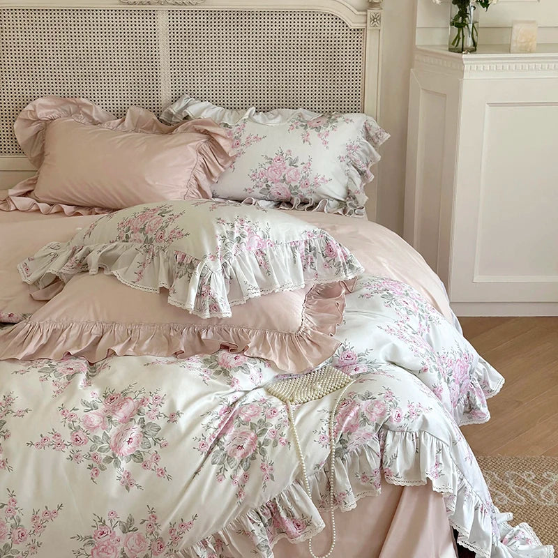 Luxury Vintage French Rose Flowers Print Lace Ruffles Bedding Set 1000TC Egyptian Cotton Duvet Cover Set Bed Sheet Pillowcases