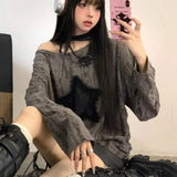 Oklulu Y2K Grunge Grey Star Tshirts Women Gyaru Vintage Beige Long Sleeve T Shirts Hollow Out Oversize Gothic Distressed Tops