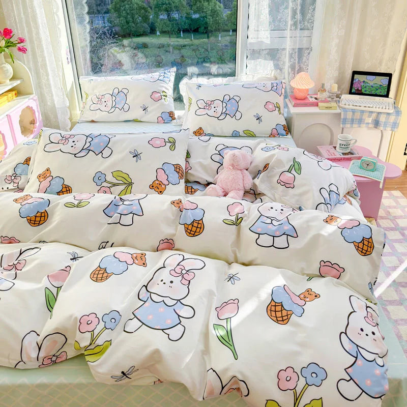 100% Cotton Flower Bedding Set Ins Flora Quilt Cover Bed Flat Fitted Sheet Set For Girls Woman Bedclothes Home Textiles