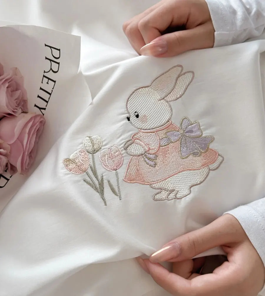 OKLULU  -  Cute sweet rabbit pink blue bedding set teen,full queen king lovely bunny cotton home textile bed sheet pillow case duvet cover