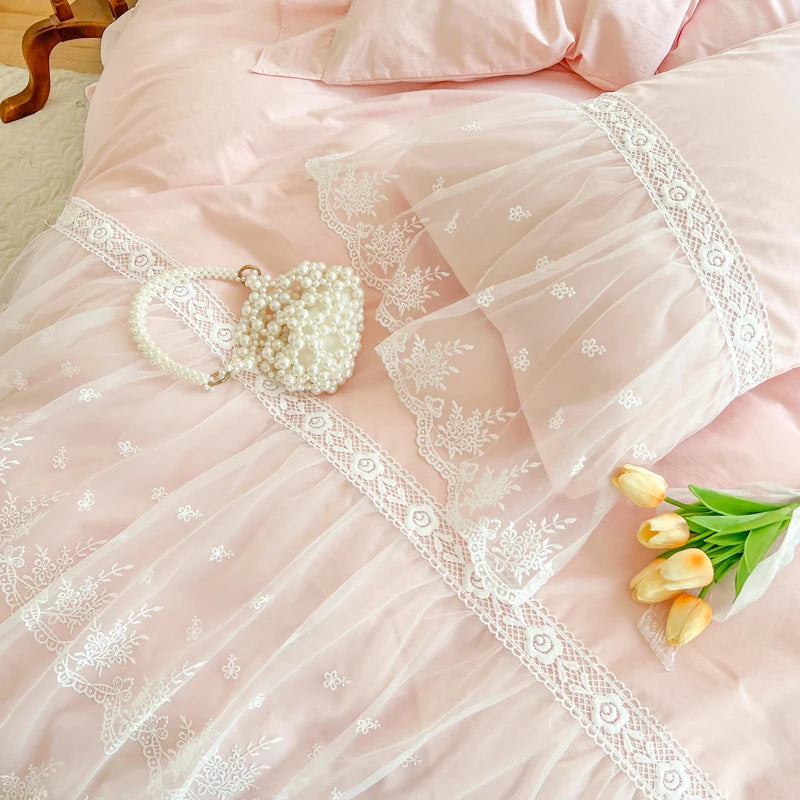 100% Cotton Romantic French Princess Wedding Bedding Set Lace Ruffles Duvet Cover Lace Bed Sheet Bed Skirt Bedspread Pillowcases