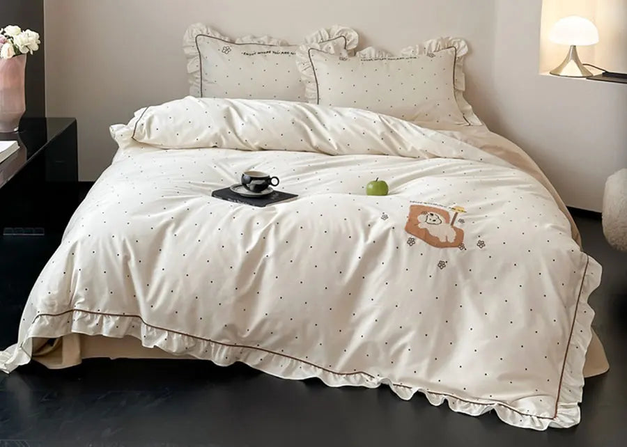 OKLULU  -  Fashion cute embroidery dog polka dot bedding set,full queen king ruffle cotton home textile bed sheet pillow case duvet cover