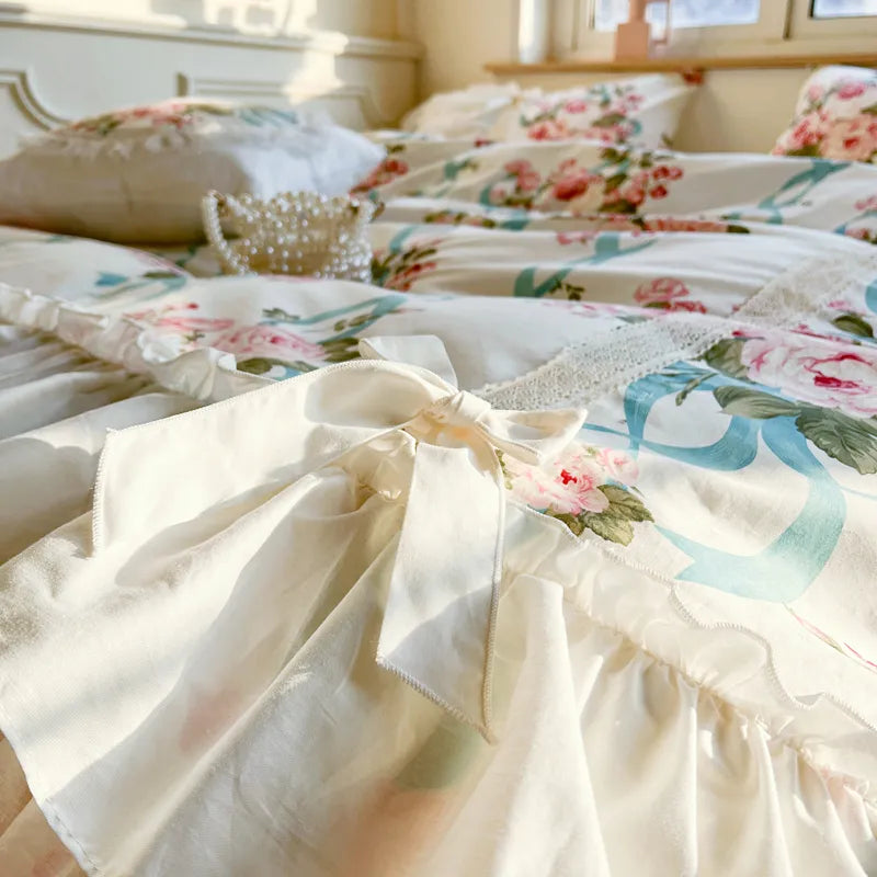 White Lace Flowers Printed Duvet Cover Set 100% Cotton Korean Style Princess Ruffles Bedding  Bed Skirt Bedspread Pillowcases