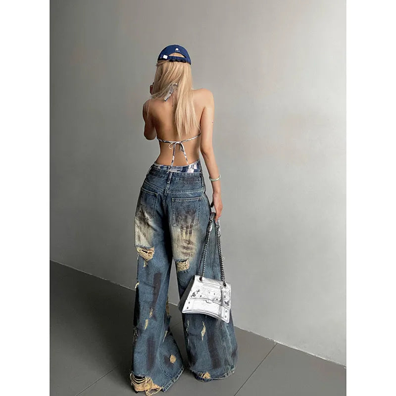 OKLULU  -  Women Ripped Blue Y2k Jeans Harajuku Streetwear Denim Trousers Aesthetic Jean Pants Vintage Japanese 2000s Style Trashy Clothes