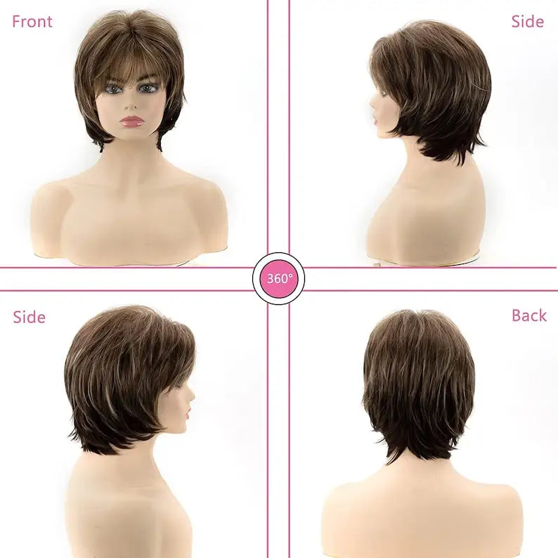 OKLULU  -  Short Brown Pixie Cut Wigs with Bangs Straight Synthetic Hair Wig Ombre Blonde Wig Headband Cosplay Wig