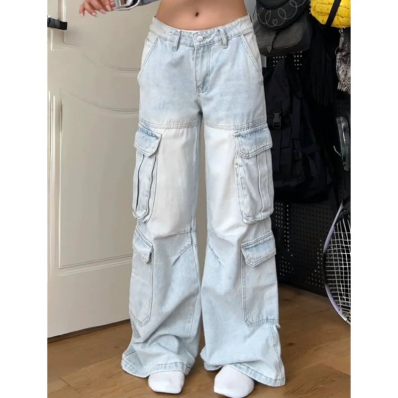 OKLULU  -  Womens Jeans High Waist Baggy Vintage Multiple Pockets Straight Hip Hop Y2K Pants Streetwear American Wide Leg Denim Trouser