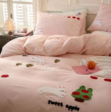 OKLULU  -   Cute Embroidery Rabbit Bedding Set 1.2 1.5 1.8 2.0,twin Full Queen King Cotton Home Textile Bed Sheet Pillow Case Quilt Cover