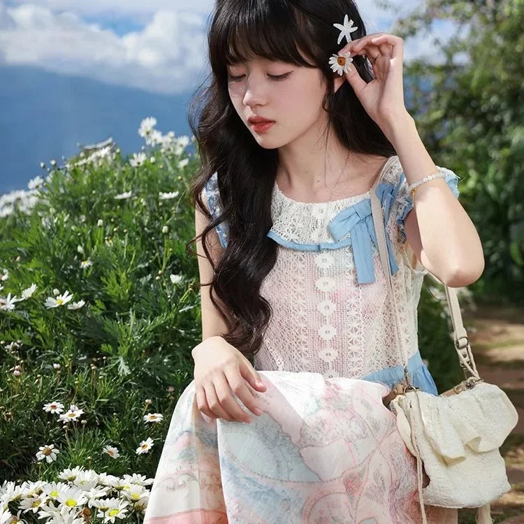 OKLULU  -  2024 Sweet Oil Painting Style Dress For Women Summer New Atmosphere Casual Elegant Bow Lace Round Neck A-Line Party Long Dresses