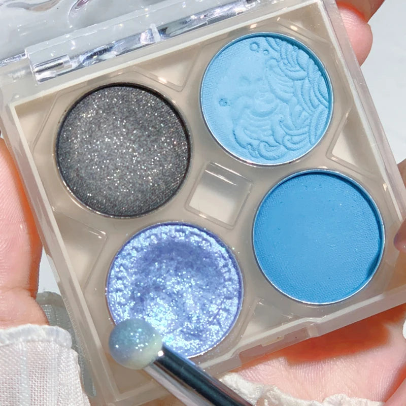 Oklulu Whale Blue Eye Shadow Palette Metallic Glitter Matte Green Pigmented Blush Powder 4 Color Pressed Eyeshadow Party Makeup Palette