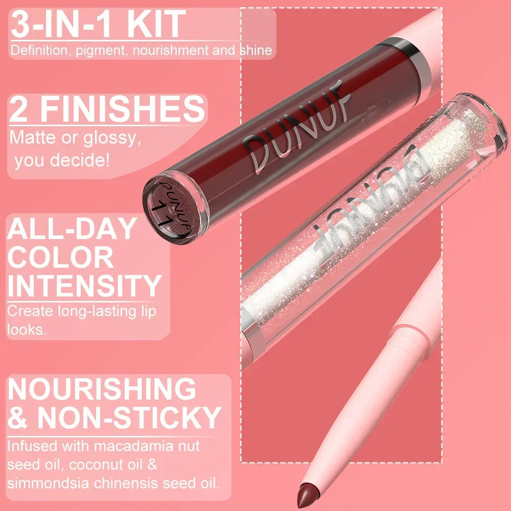 OKLULU  -  3Pc Velvet Matte Lipstick Pen Nude Brown Lip Liner Pencil Kit Rose Red Matte Lipliner+Lip Gloss+Lip Oil Set Waterproof Lips Tint