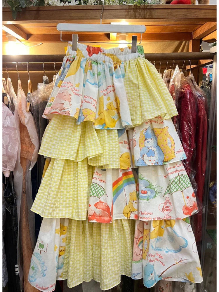 Oklulu  Y2k Sweet Fashion Skirt Age-reducing Print Splicing Cake Skirts Summer New Half Skirt Vintage Harajuku Fashion Faldas