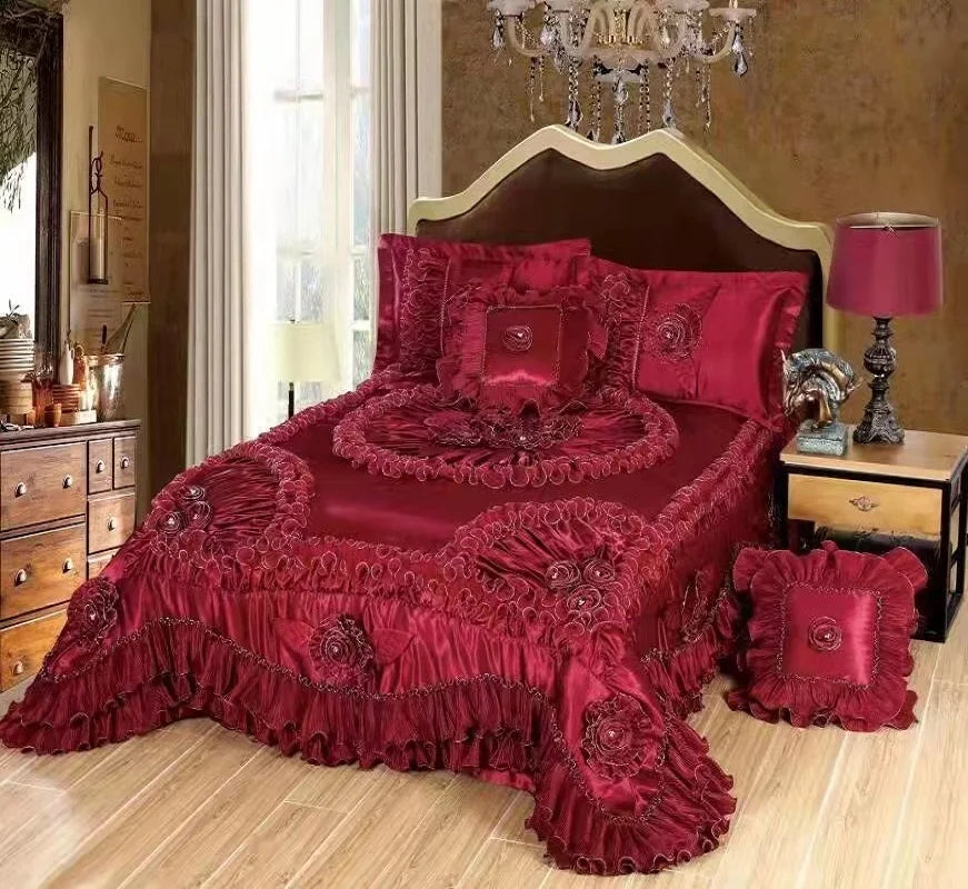 Luxury Champagne Wedding Style Jacquard Stereoscopic Lace Bedspread Bed skirt Bed Shett Coverlet Bed Cover Set Pillowcases