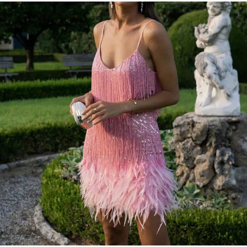 New Sexy Tassel Sequins Feather Mini Dress Women Spaghetti Strap Stitching Dresses Female Elegant Evening Party Club Dress