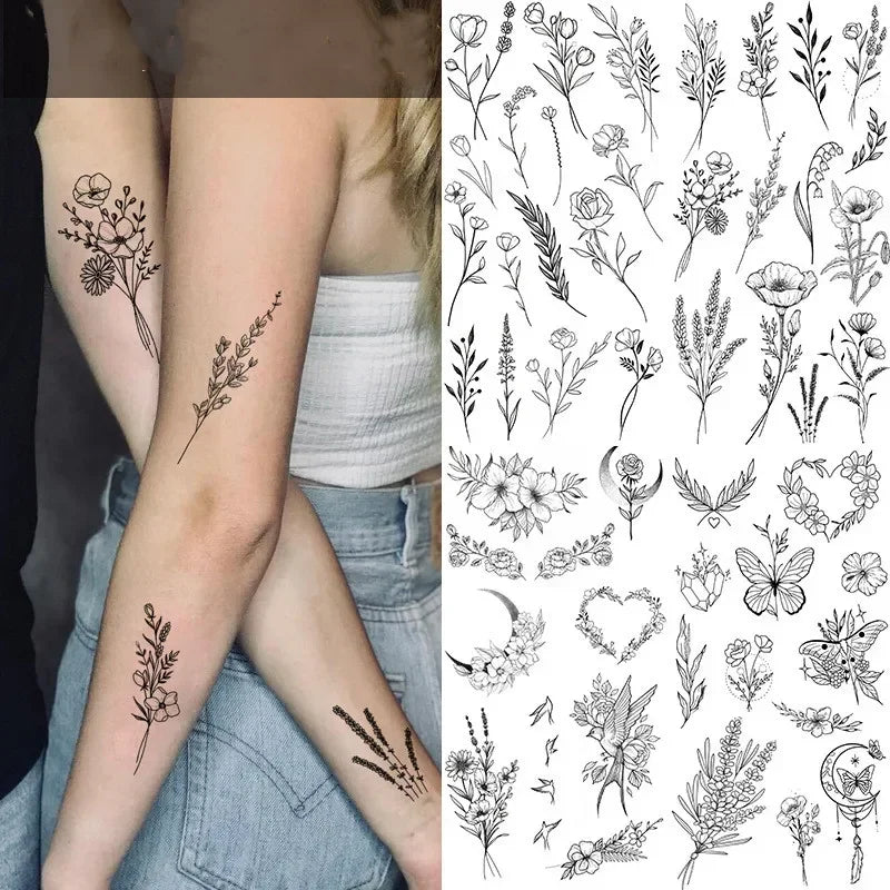 OKLULU  -  Butterfly Fake Tattoo for Woman Black Flower Tattoo Sketch Tattoo Sticker  Rose Blossom Tattoo Temporary Waterproof