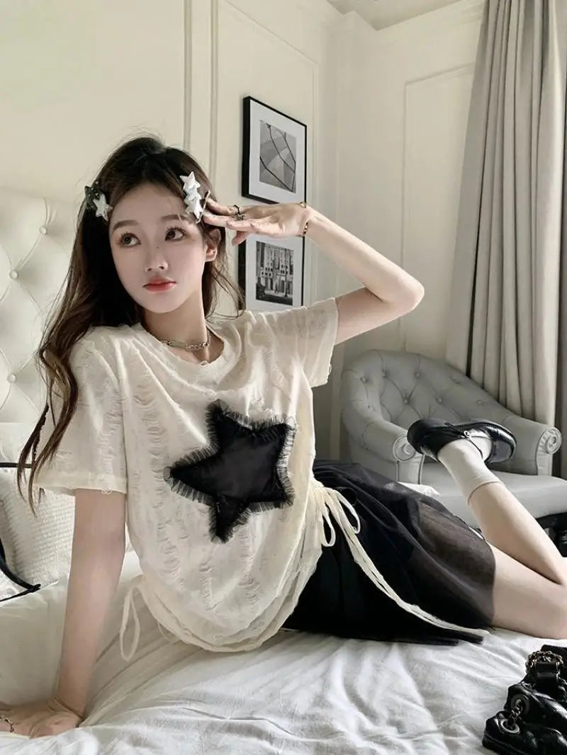 Oklulu Y2K T Shirts Women Summer Short Sleeve Top Female Harajuku Fashion Star Print Tee Ladies Vintage Hotsweet Drawstring Camisetas