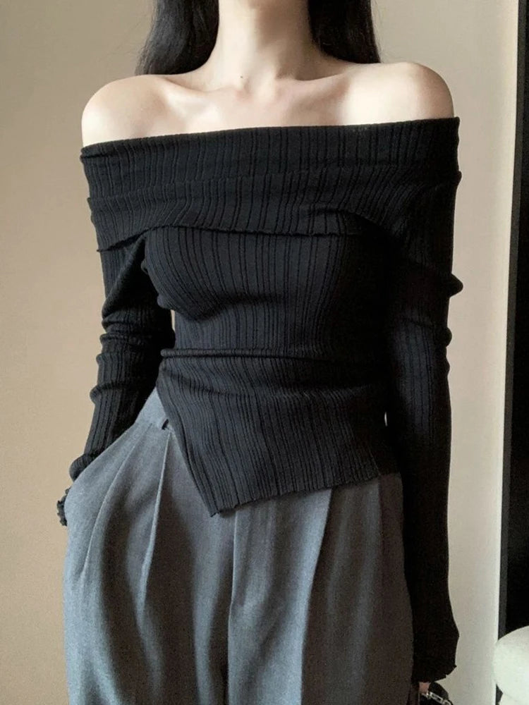 Shoulder Pullover Women Autumn Long Sleeve Knitted Tops Female Slim Slash Neck Knitwear Ladies Korean Style Thin Pullovers