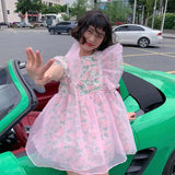 OKLULU  -  Women Pink O neck Floral Printed Flying Sleeve Puffy Dress 2024 Summer New Sweet Fairy Short Dresses Female Vestidos