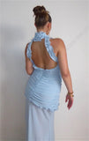 Sexy Sky Blue Evening Hot Party Dress For Beach Party Sheer Chiffon Deep V-Neck Cocktail Party Gown Ruffled Vestidos