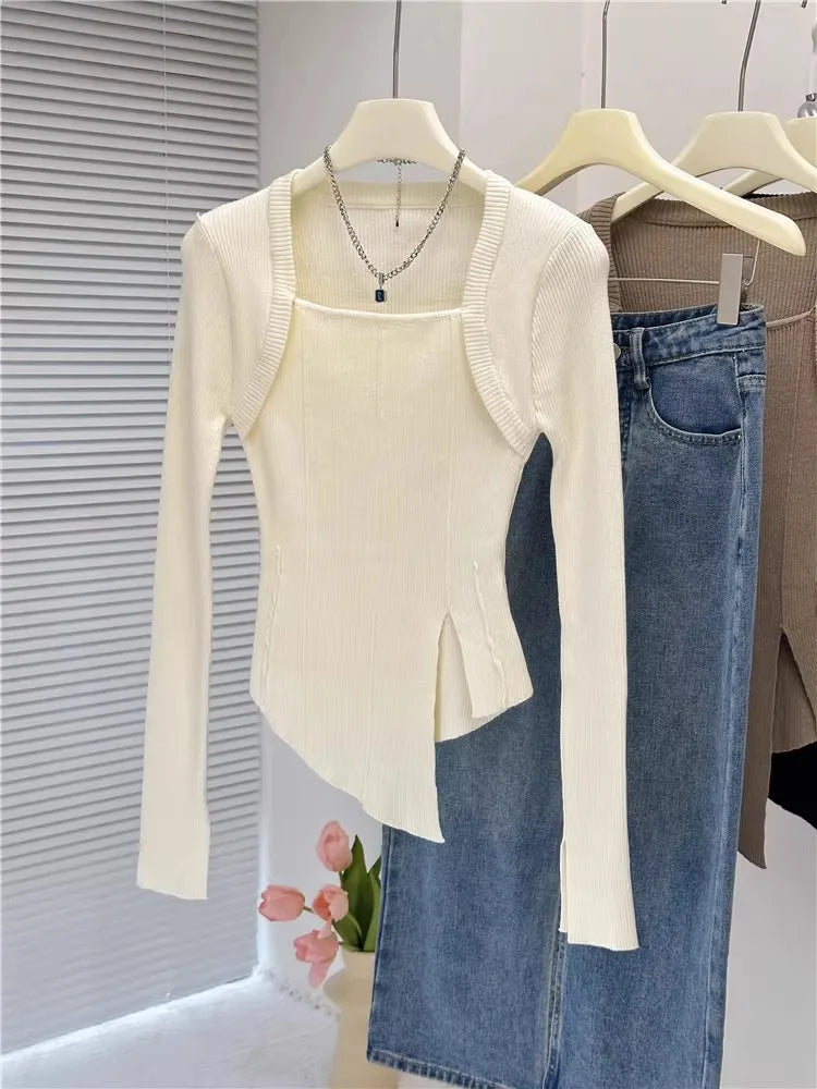 Oklulu White Side Split Knitted Women's Sweater Square Collar Long Sleeve Sweaters Female 2024 Spring Fashion New Clothes