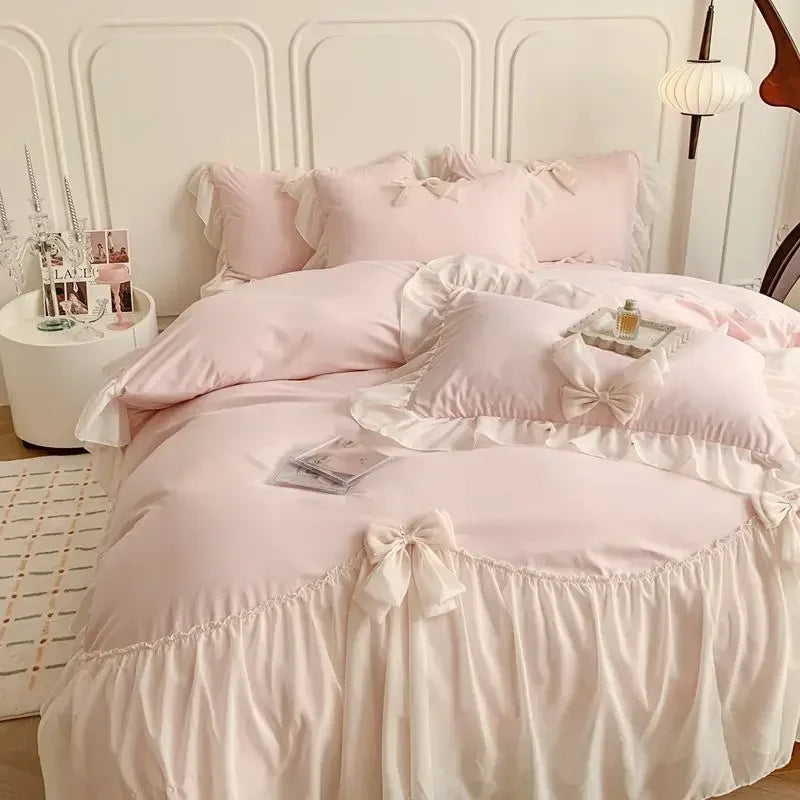 OKLULU  -  Cute French Princess Style Bedding Sets Ruffle Lace Bow Quilt Cover Romantic Bedclothes Decor Woman Girls Bedroom