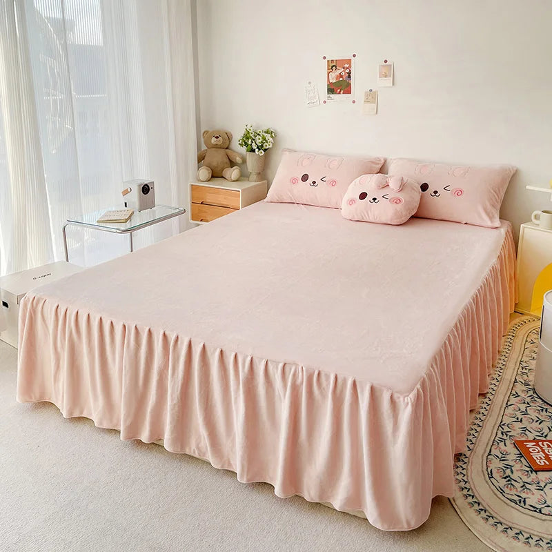 Pink Cute Cartoon Rabbit Applique Embroidery Bedding Set Velvet Fleece Duvet Cover Bed Sheet Fitted Sheet Bed Skirt Pillowcases