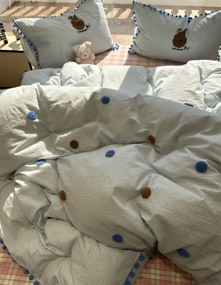 OKLULU  -   Cute Embroidery Cookie Polka Dot Bedding Set Teen,full Queen King Kawaii Cotton Home Textile Bed Sheet Pillow Case Quilt Cover