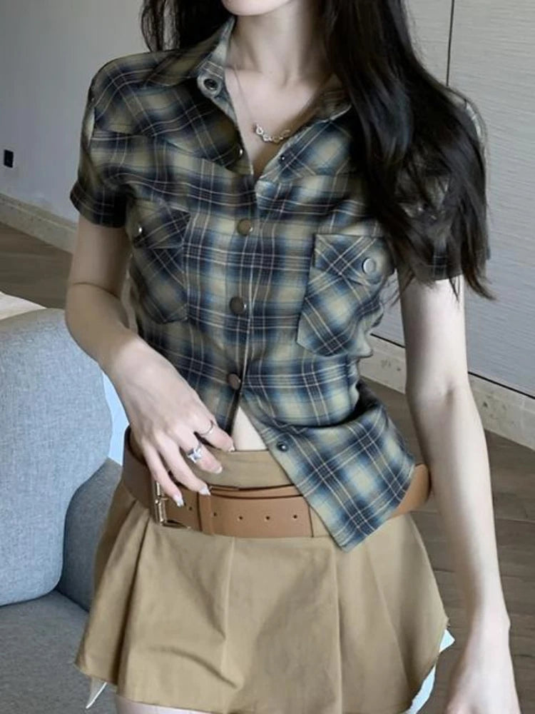 OKLULU  -   Vintage Short Sleeve Plaid Shirt Women 90s Button Up Cardigan Blouse Female American Retro Sexy Cargo Tight Tops