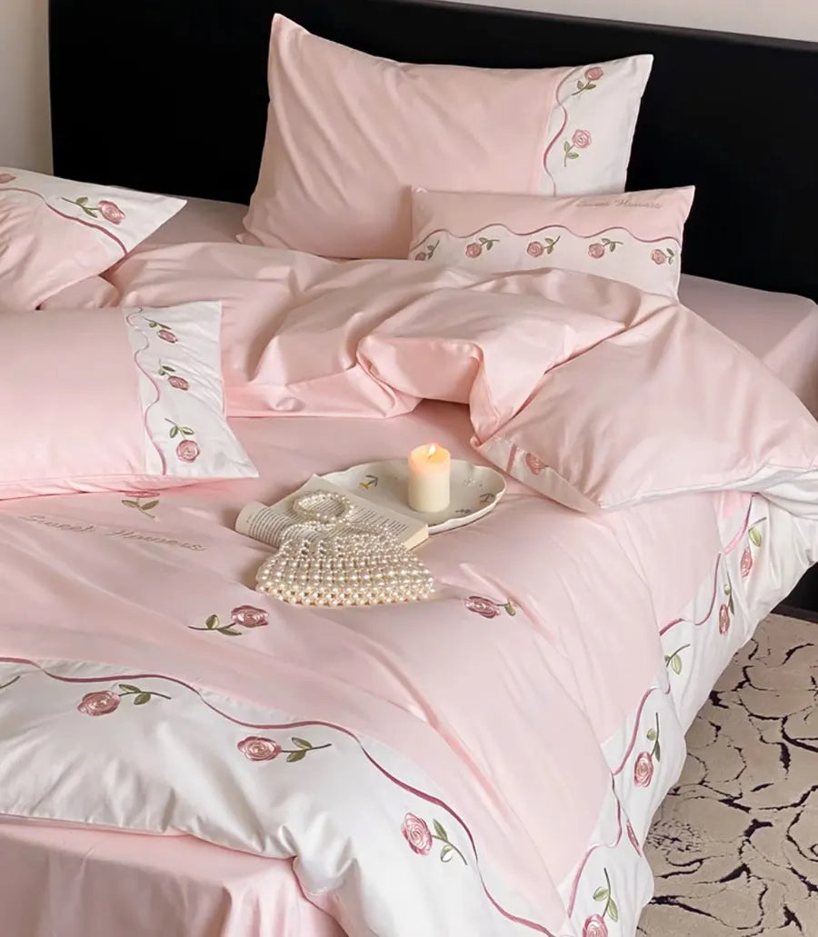 OKLULU  -  Romantic pink embroidery rose bed set single double,twin full queen king cotton home textile bed sheet pillow case quilt cover