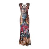 Oklulu  -   Vintage Oil Painting Print Dress Sexy Backless Hollow Out Sleeveless Maxi Dresses Aesthetic Party Clubwear Slim Vestidos