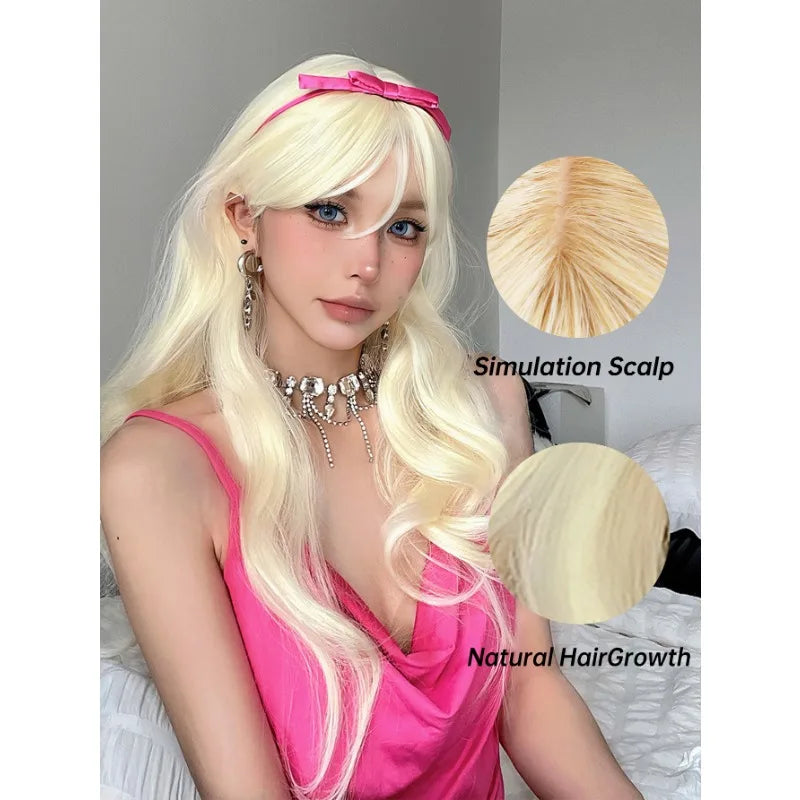 OKLULU  -  Long Wavy Blonde Yellow Synthetic Wig with Bangs Platinum Cosplay Party Lolita Use wigs for Women Natural Hair Heat Resistant