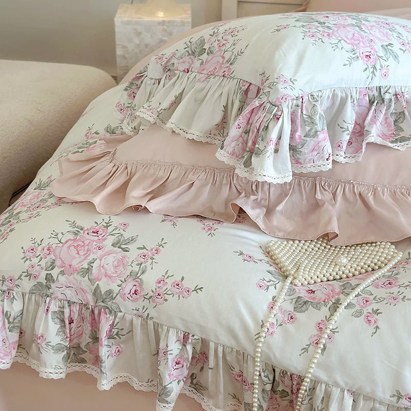 Luxury Vintage French Rose Flowers Print Lace Ruffles Bedding Set 1000TC Egyptian Cotton Duvet Cover Set Bed Sheet Pillowcases