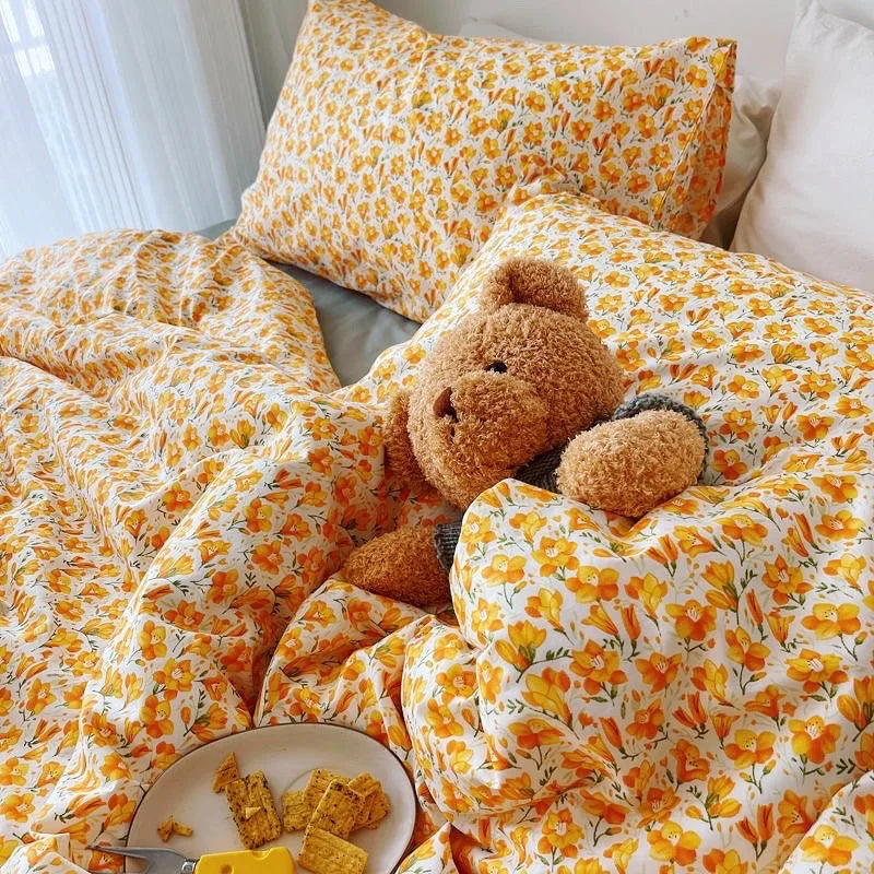 OKLULU  -  Vintage Orange Floral Four-Piece Set 100%Cotton  Bedding Sheet Quilt Cover Pillow Cover Soft  IG Fashion Garden Style