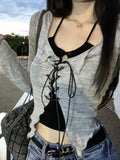 Oklulu Sexy Lace Up Crop Tops Women Black Halter Slim Tees And Grey Long Sleeve Top Two Pieces Sets Female Korean Y2k Tshirt Summer