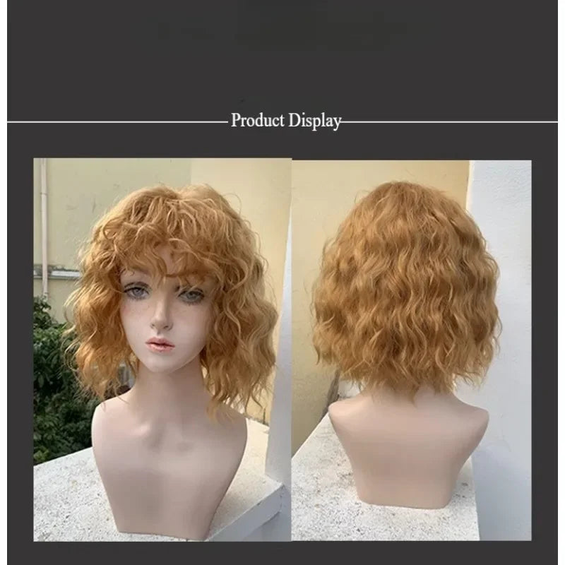 OKLULU  -  Curly wigs With Air Bangs Women's Short Bob Golden brown Curly Shoulder Length Bob Synthetic Cosplay Wig for women daily party