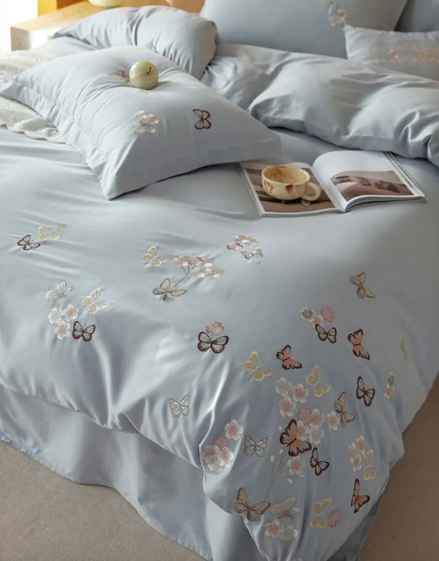 OKLULU  -  Romantic embroidery butterfly flower pink blue bedding set,full queen king cotton home textile bed sheet pillow case duvet cover