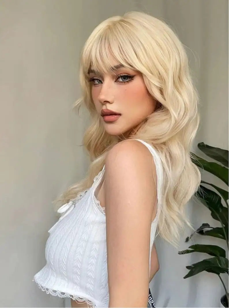 OKLULU  -  Long Curly Blonde Synthetic Wig with Bangs,Long Blonde Wig,Natural Looking Cosplay wigs for women human hair