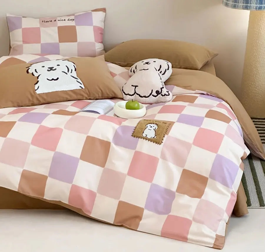 OKLULU  -  Fashion cute embroidery dog plaid bedding set kid,full queen king lovely cotton home textile bed sheet pillow case duvet cover