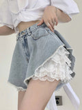 OKLULU  -  Blue Lace Denim Shorts Women Y2k Fashion Loose High Waist Korean Style Causal A-line Jeans Streetwear Retro Summer Pants