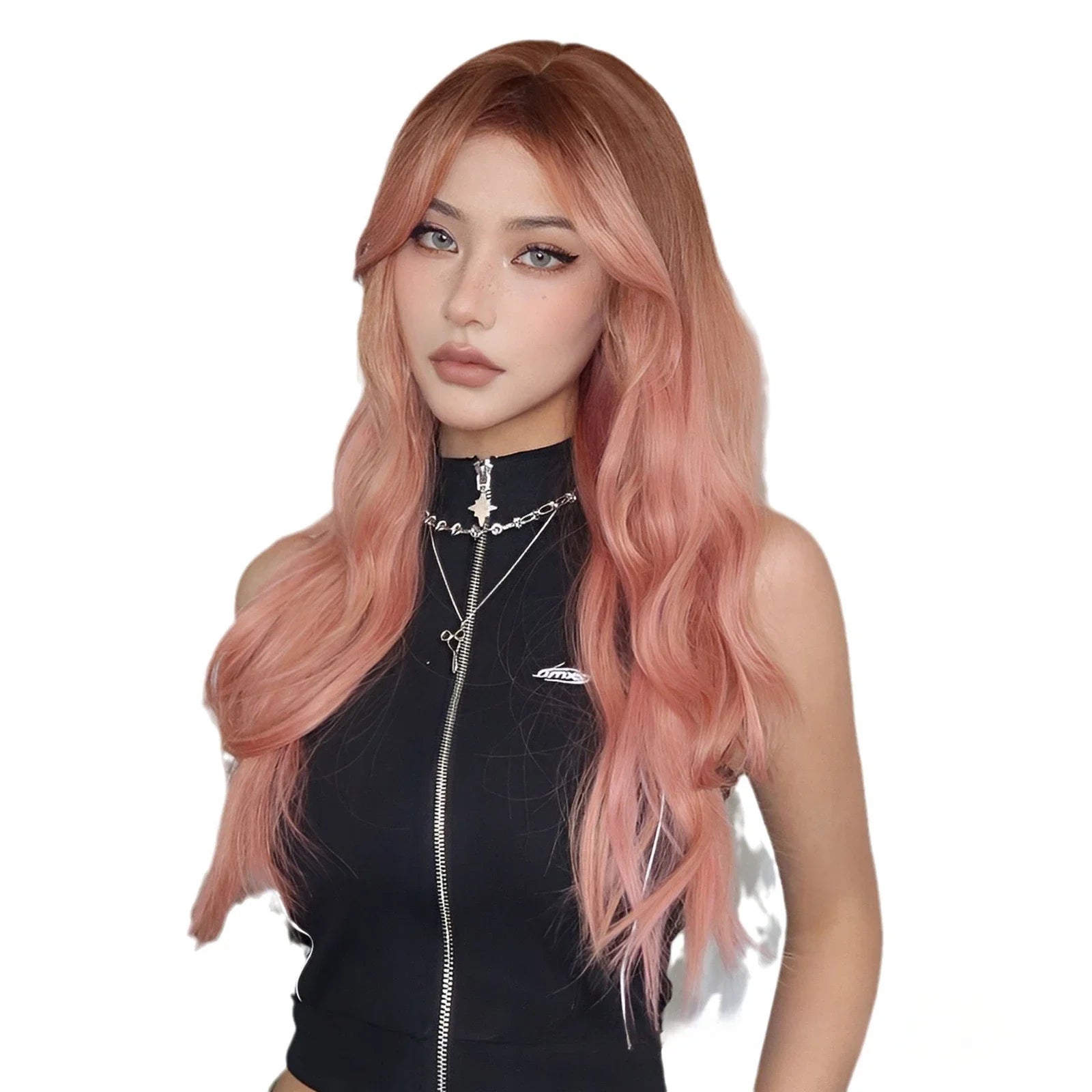 OKLULU  -  Long Body Wave Pink Cosplay wigs Heat Resistant Synthetic Wig Middle Part Natural daily use Lolita Wigs For Women